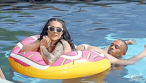 Tattooed woman in a hot brunette gets shot outdoors