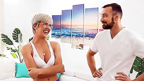 Horny blonde milf with oiled boobs fucked by a man