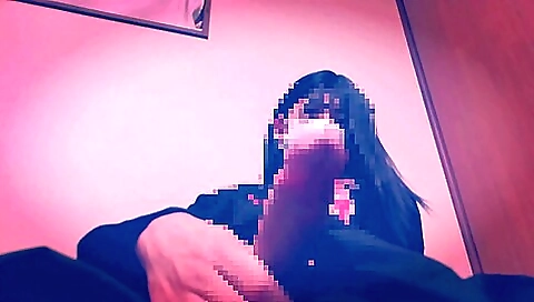 Japanese crossdressed solo girl masturbates facially