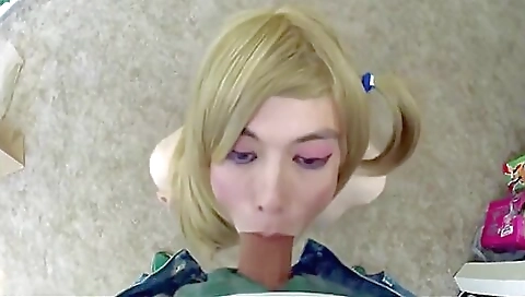 Blonde shemale gets deepthroated by a guy in the pov video