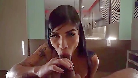 Brunette girl with perfect ass is getting deep throated in ass