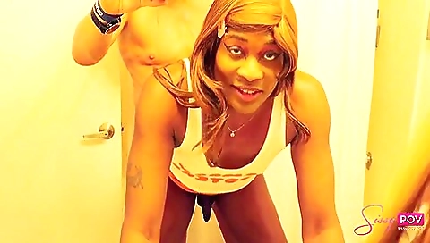 Redheaded ebony babe is having a deepthroated with her guy