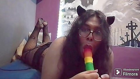 Latina amateur plays with her toy dildo in a solo scene