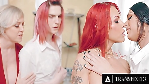 Busty nurse in a red dress and a sexy group threesome