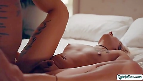 Sexy blonde shemale fucked deep in a mouthful of semen