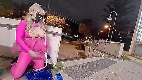 Busty blonde with a hot pussy spreads her legs in public